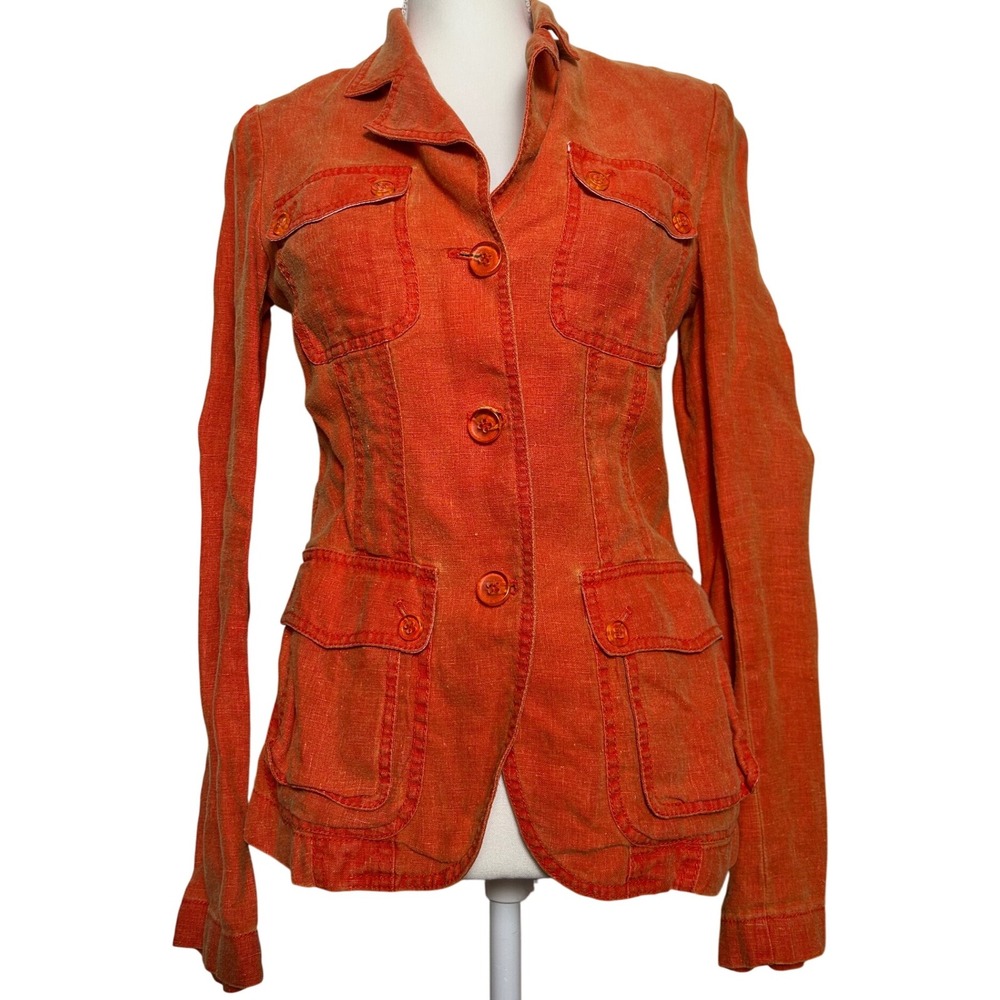 Vintage Orange Fitted Jacket Utility 100% Linen Button Front Size 6 Funky Retro